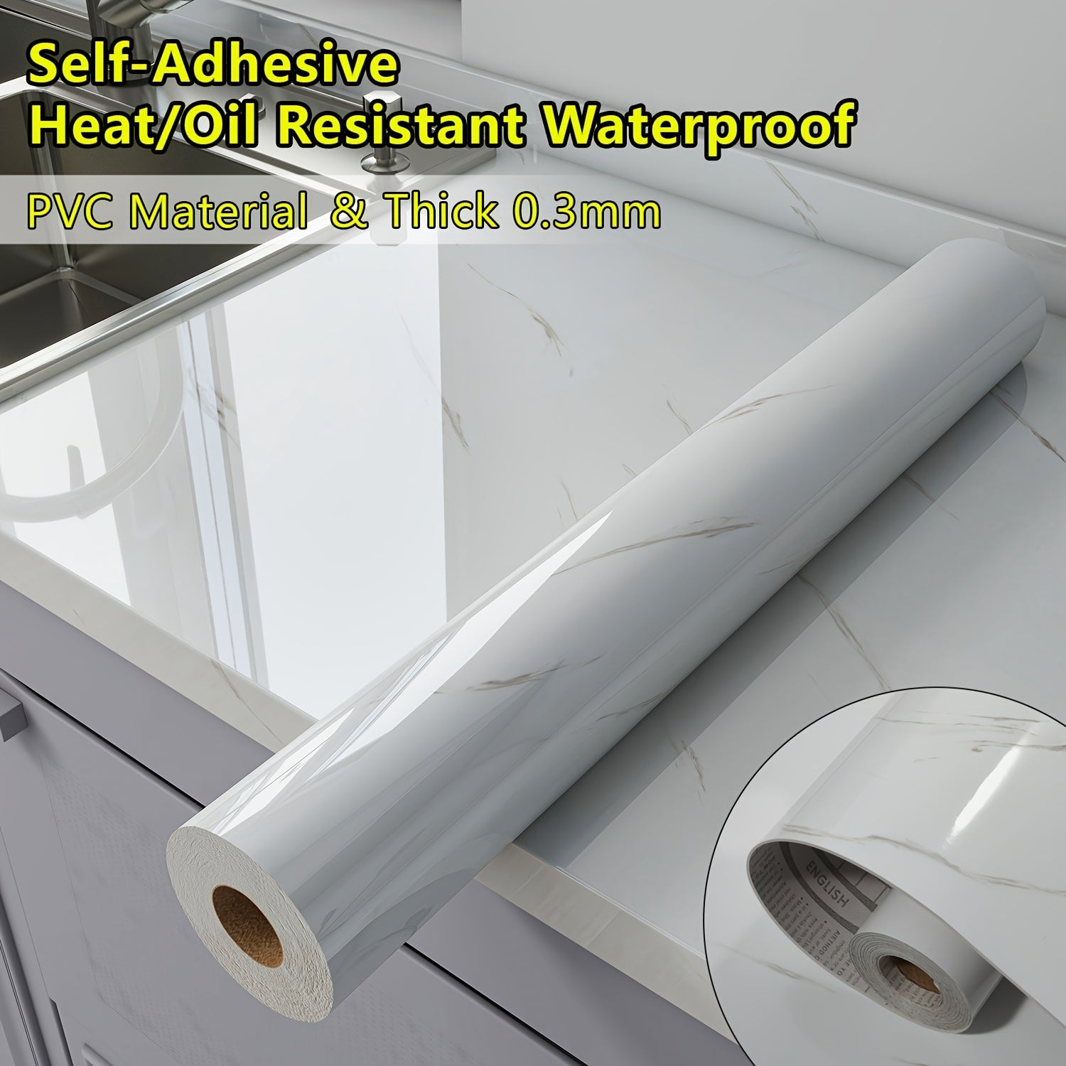 Thick 0.3mm Glossy Marble Wallpaper Wall Sticker - Self-Adhesive Heat\u002FOil Resistant Waterproof PVC Countertop Stickers, Peel And Stick Renovation Film For For Kitchen Backsplash, Countertops, Bathroom Walls, Furniture Upgrades-Set Includes Tool