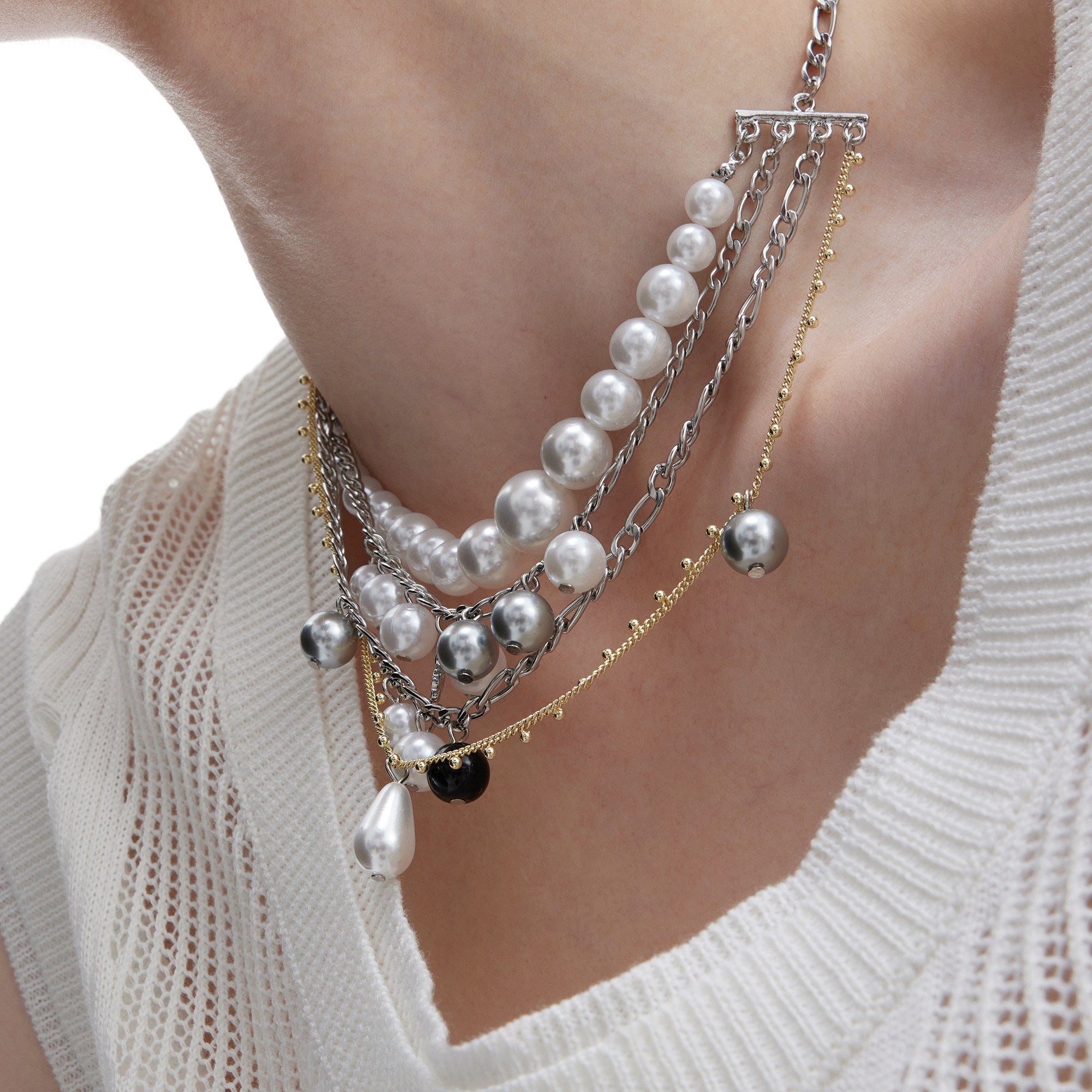 Multi-layered Mmetal &pearl Necklace