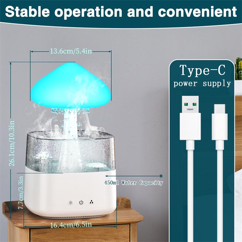 Spring sale .Rain cloud humidifier 450ml water drop mushroom humidifier, aromatherapy diffuser, air humidifier with remote control 7 colors mood light, 7 colors night light with adjustable LED light, white noise humidification, bed sleep to relax the mood