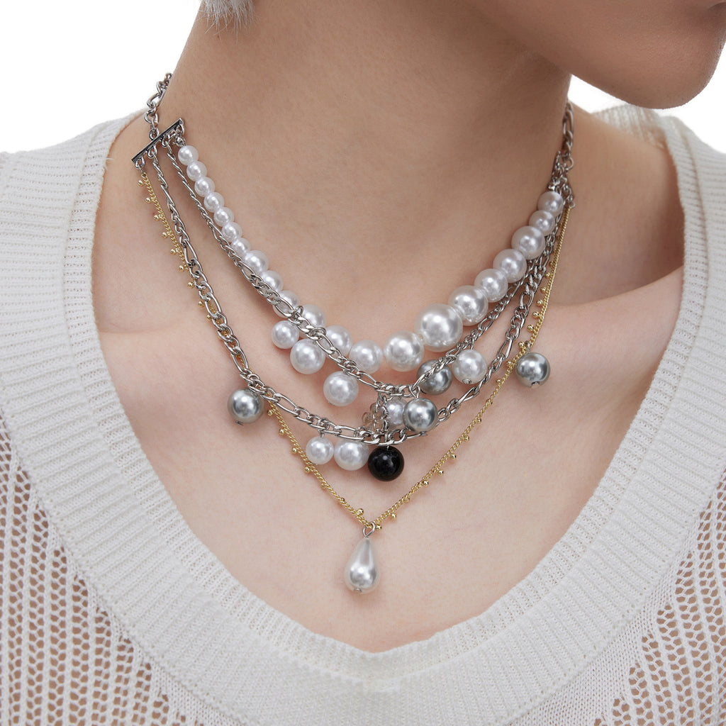 Multi-layered Mmetal &pearl Necklace