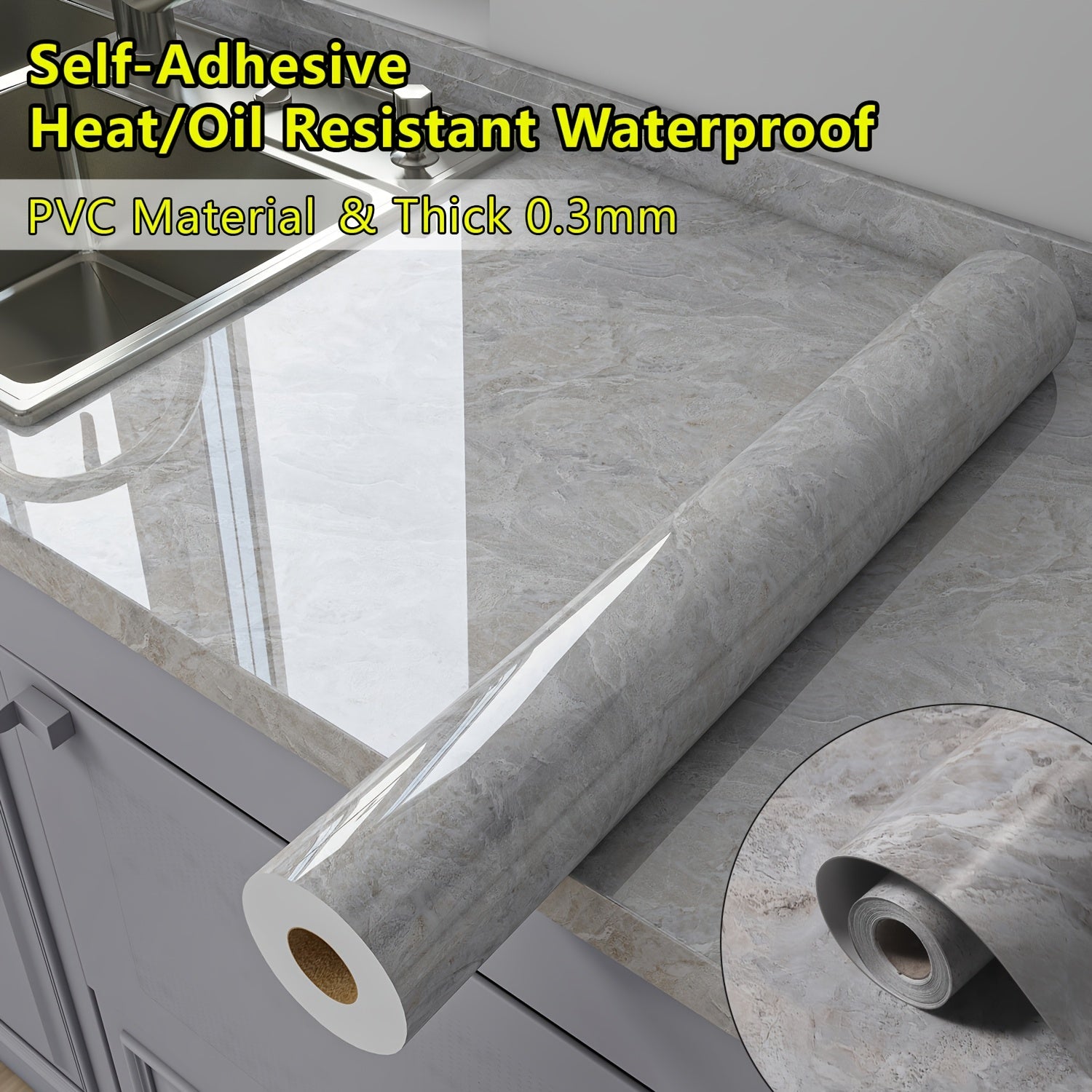 Thick 0.3mm Glossy Marble Wallpaper Wall Sticker - Self-Adhesive Heat\u002FOil Resistant Waterproof PVC Countertop Stickers, Peel And Stick Renovation Film For For Kitchen Backsplash, Countertops, Bathroom Walls, Furniture Upgrades-Set Includes Tool