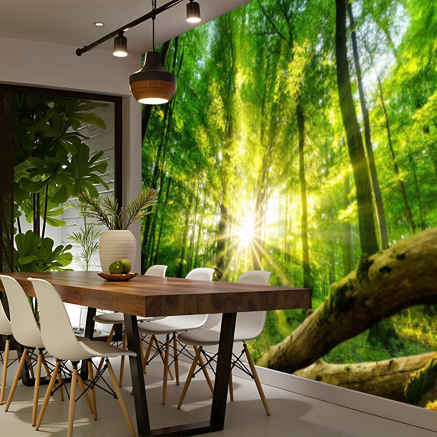 Peel and Stick Wall Mural Green forest enchanted by the sun Vinyl Self-Adhesive Wallpaper for Bedroom Living Room Office Removable Large Sticker Boho Waterproof Wall Decal Renter Friendly Wall Murals Accent Wall Decor TV Background Decor Paintings Art