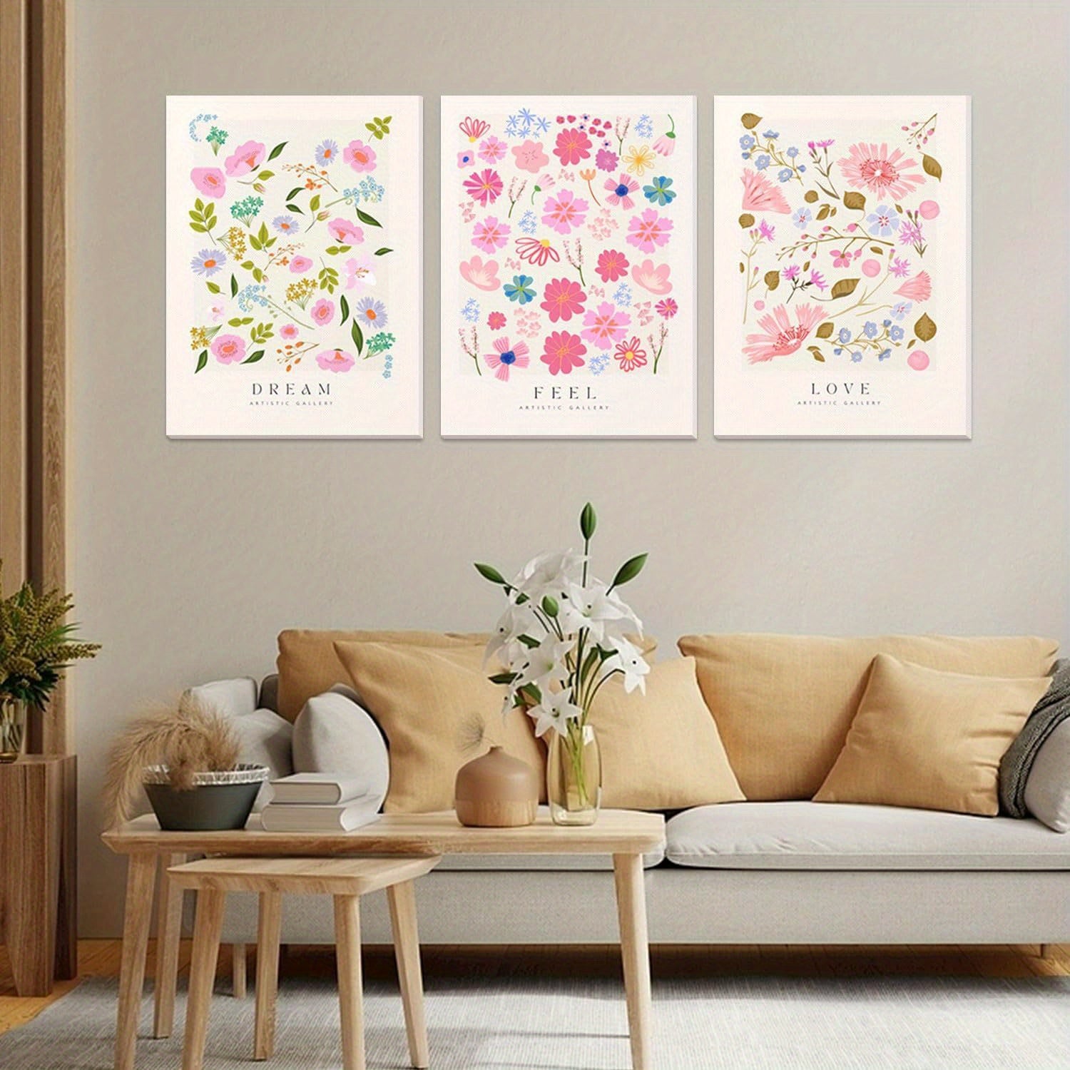 Flower Market Wall Art Prints Framed Set of 3 Colorful Flower Poster Floral Aesthetic Artwork Pictures Danish Pastel Abstract Canvas Painting Minimalist Decor for Living Room Bedroom