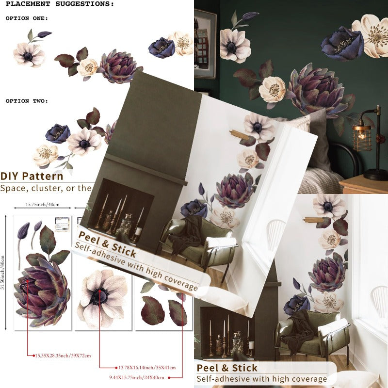 Fabric Peel and Stick Floral Wall Decal SelfAdhesive Peony Flowers Wallpaper Rose Sticker for Living Room Bedroom Wall Decor Eden Garden A3 PCs