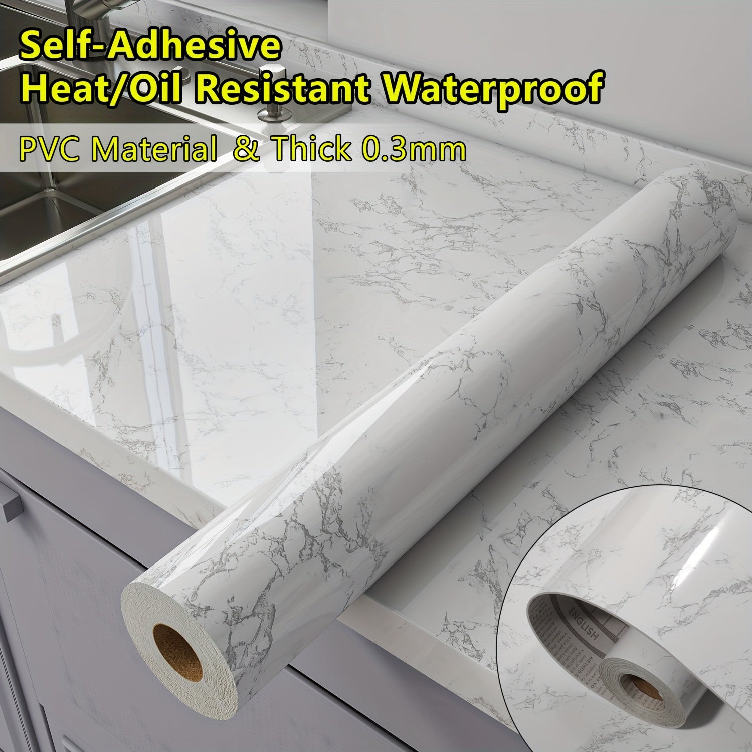 Thick 0.3mm Glossy Marble Wallpaper Wall Sticker - Self-Adhesive Heat\u002FOil Resistant Waterproof PVC Countertop Stickers, Peel And Stick Renovation Film For For Kitchen Backsplash, Countertops, Bathroom Walls, Furniture Upgrades-Set Includes Tool