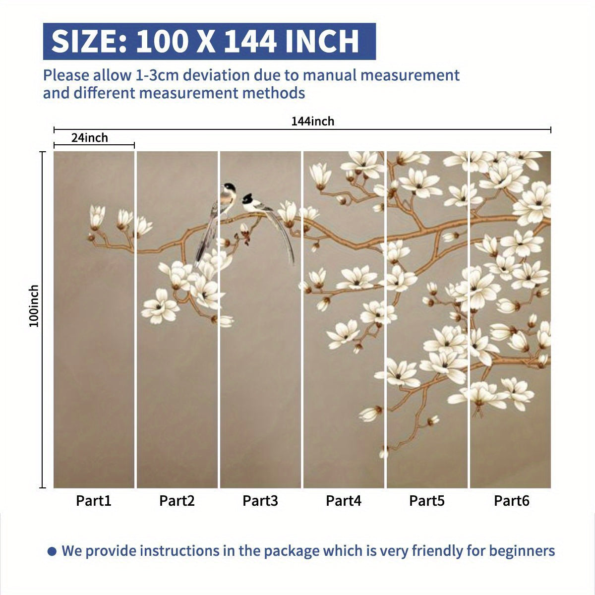 Peel and Stick Wall Mural Large Peel and Stick Magnolia Flower Bird Wall Mural - Self-Adhesive, Removable Vinyl Wallpaper for Living Room, Bedroom, Bathroom, Kitchen - 100\