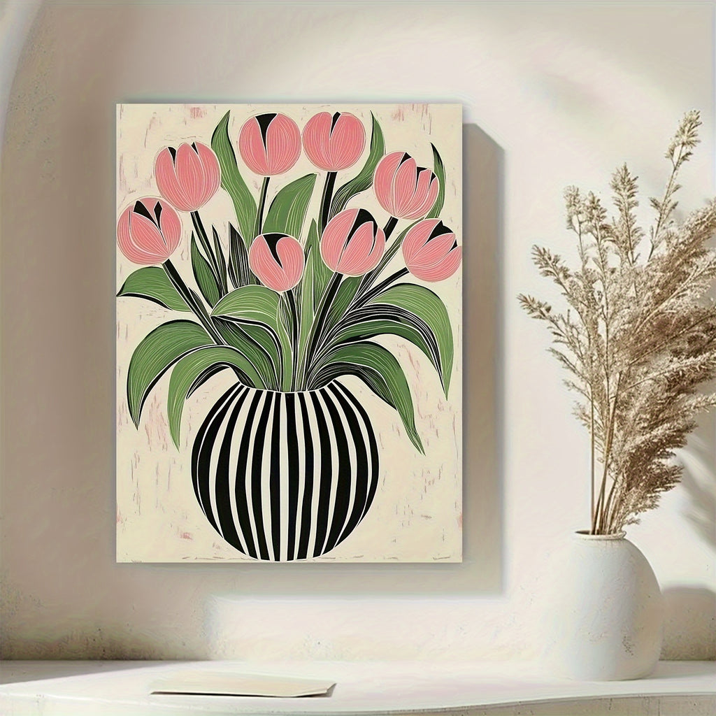 12x16 inches Inspirational Tulip Floral Canvas Print, Art Deco Style, Striped Vase Design, with Pine Wood Frame, for Home Office, Living Room, Bedroom Wall Art Decor-Wrapped Canvas