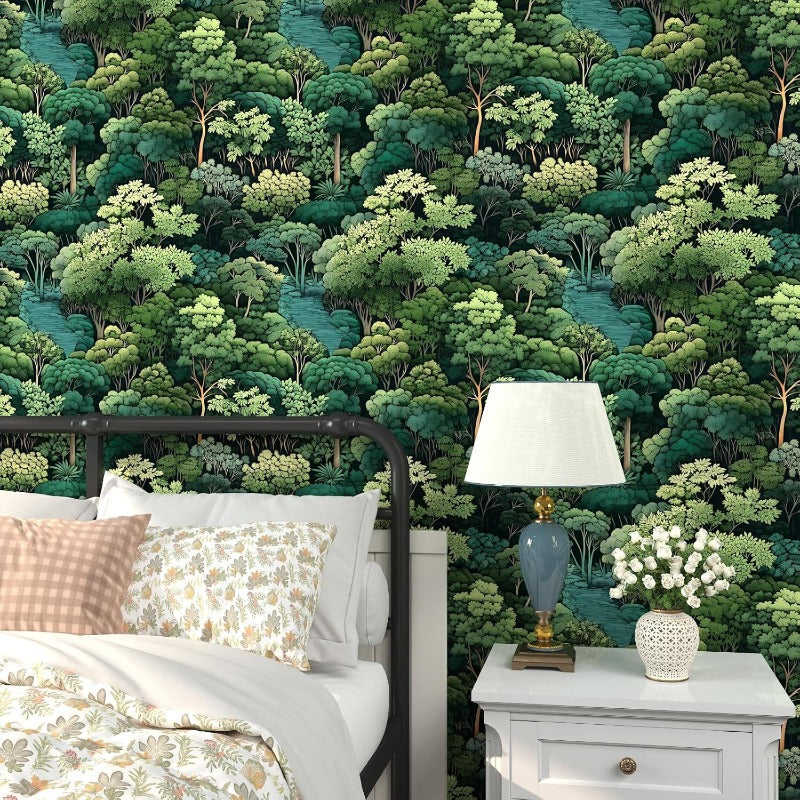 Peel Stick Green Wallpaper Forest Trees Contact Paper 17.5x393.7 Woodland Mountain Botanical Self Adhesive Waterproof Removable Room Decor