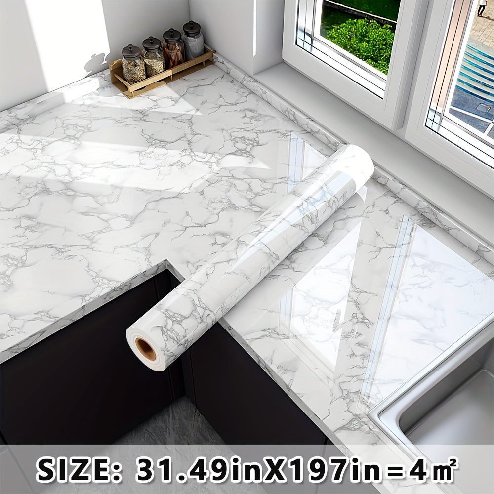 Thick 0.3mm Glossy Marble Wallpaper Wall Sticker - Self-Adhesive Heat\u002FOil Resistant Waterproof PVC Countertop Stickers, Peel And Stick Renovation Film For For Kitchen Backsplash, Countertops, Bathroom Walls, Furniture Upgrades-Set Includes Tool