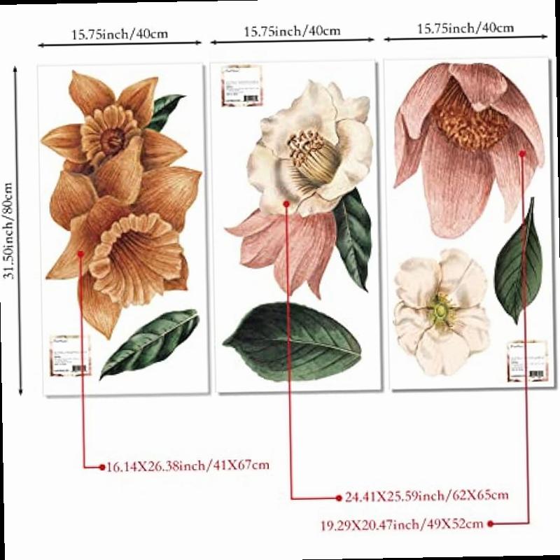 Fabric Peel and Stick Floral Wall Decal Self Adhesive Flowers Wallpaper Wall Stickers for Living Room Bedroom Decor Vintage Garden 3 PCs