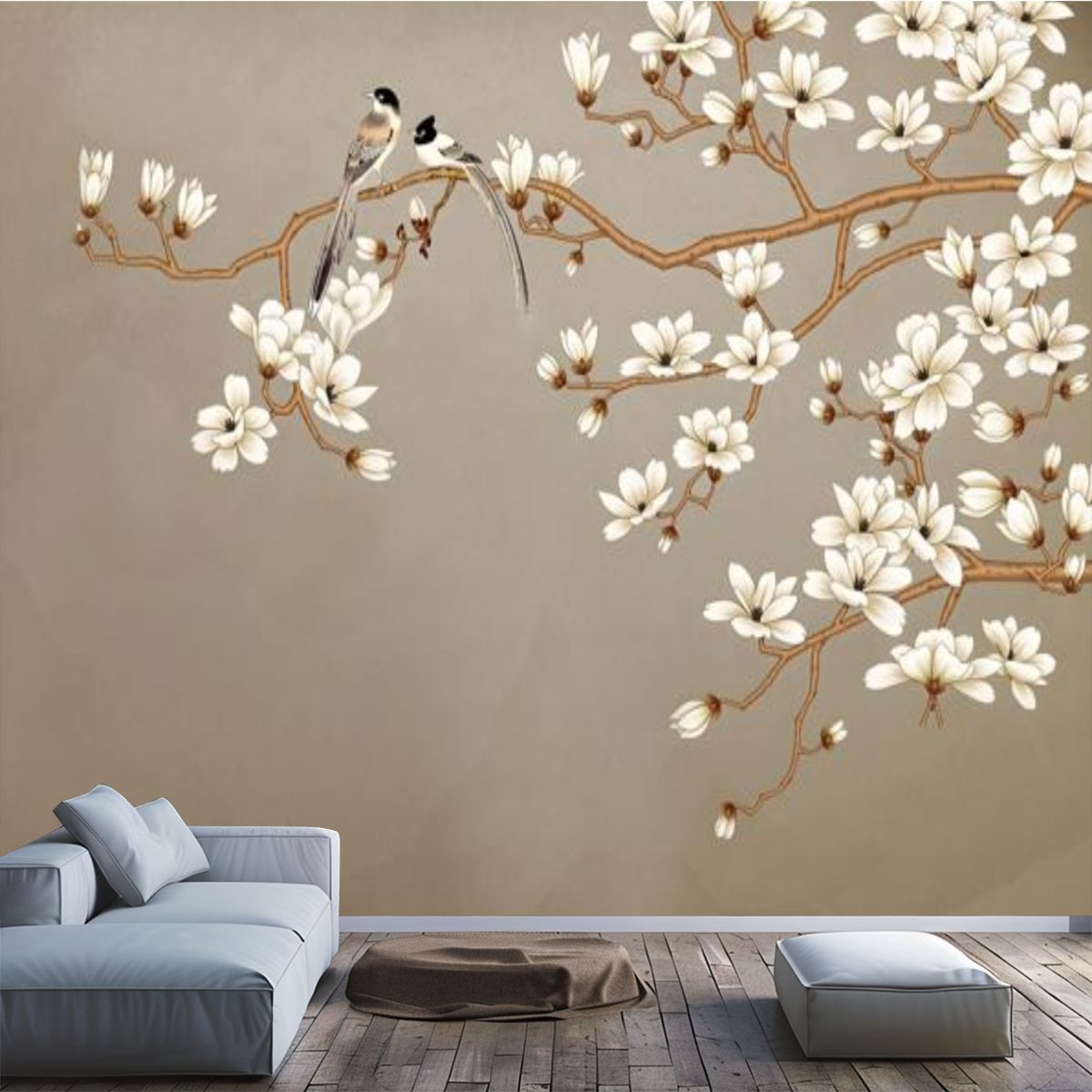 Peel and Stick Wall Mural Large Peel and Stick Magnolia Flower Bird Wall Mural - Self-Adhesive, Removable Vinyl Wallpaper for Living Room, Bedroom, Bathroom, Kitchen - 100\