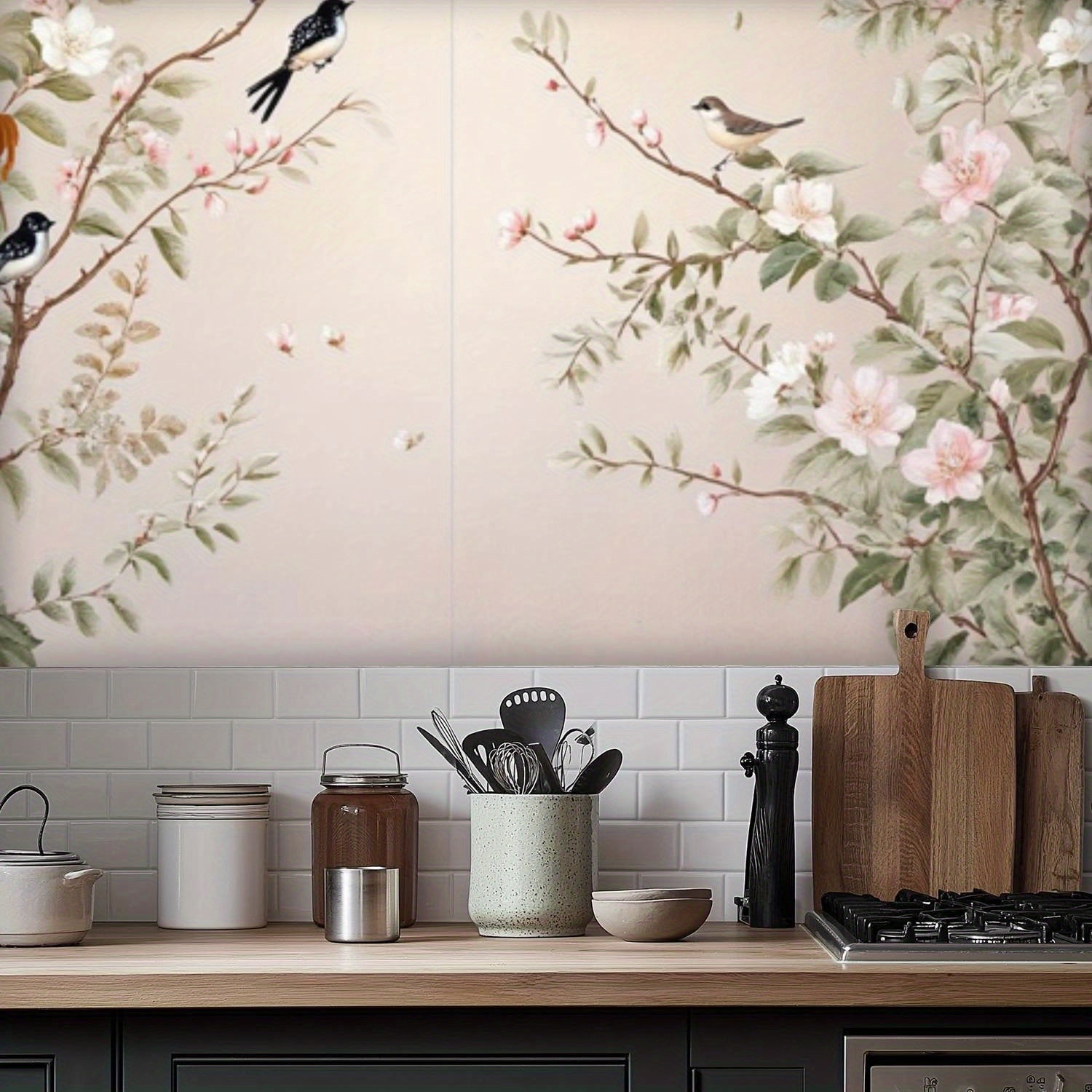 Modern Chinese Style Bird and Flower Wallpaper Mural - Large Semi-Matte Vinyl Decal with Elegant Floral Design & Birds, Easy to Apply & Remove, Perfect for Living Room Home Interior Decor, Room Decor