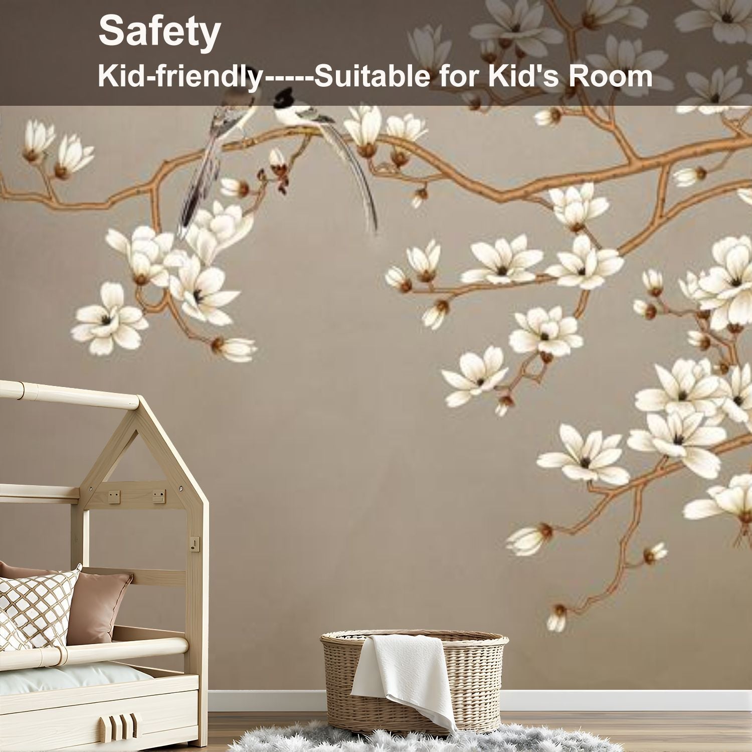 Peel and Stick Wall Mural Large Peel and Stick Magnolia Flower Bird Wall Mural - Self-Adhesive, Removable Vinyl Wallpaper for Living Room, Bedroom, Bathroom, Kitchen - 100\