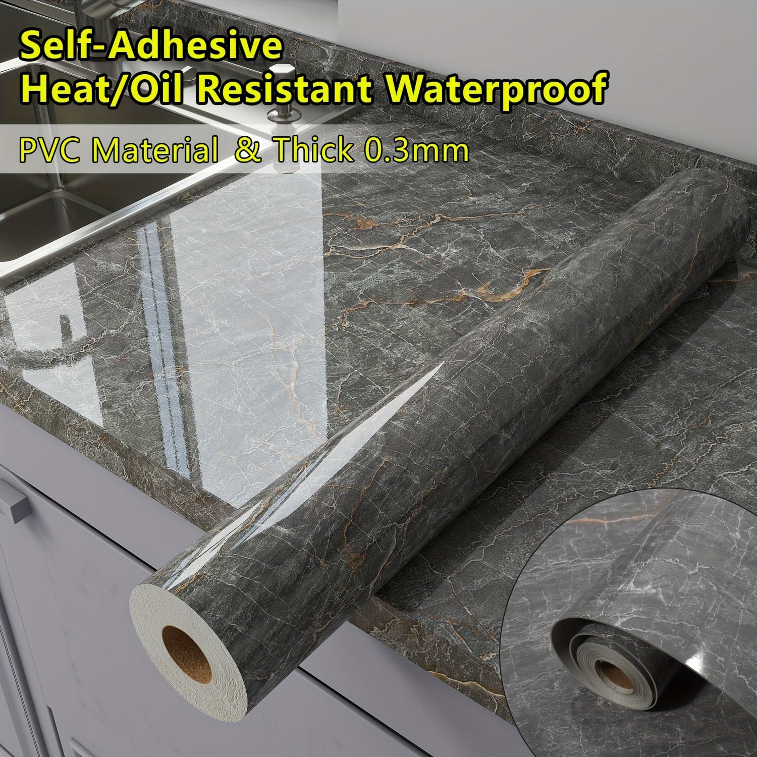 Thick 0.3mm Glossy Marble Wallpaper Wall Sticker - Self-Adhesive Heat\u002FOil Resistant Waterproof PVC Countertop Stickers, Peel And Stick Renovation Film For For Kitchen Backsplash, Countertops, Bathroom Walls, Furniture Upgrades-Set Includes Tool