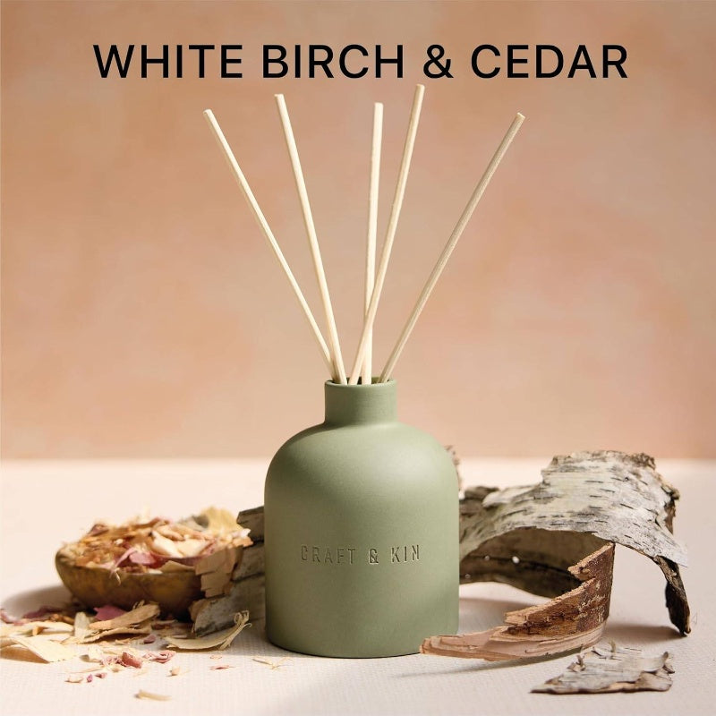 Earthenware White Birch Cedar Reed Diffuser Set with 6.7oz Alcohol - Essential Oil Diffuser with Feather Reed Sticks, Elegant Teal Green Glass Bottle & Natural Aroma for Home Decor, Air Freshener, P, Air Freshener For Home, Reed Diffuser Bottle