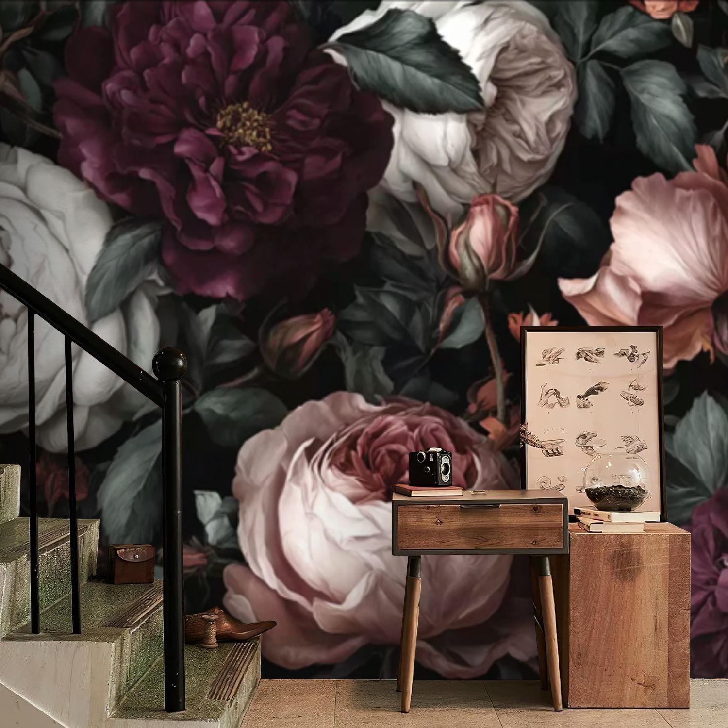 Self-Adhesive Wall Mural Featuring a Sophisticated Floral Design in Deep Burgundy, Soft Pink, And White, This Removable Wall Decal Is Perfect for Decorating Large Spaces Like Living Rooms, Bedrooms, Bathrooms, And Kitchens, Measuring 100\