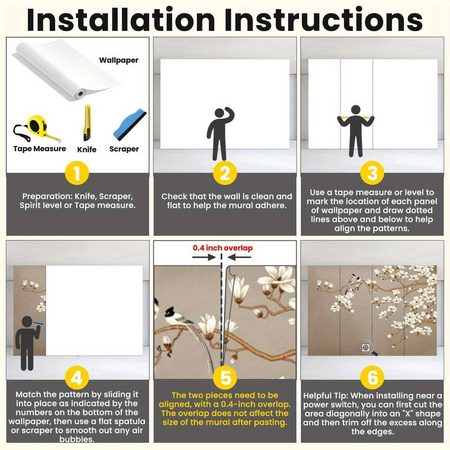 Peel and Stick Wall Mural Large Peel and Stick Magnolia Flower Bird Wall Mural - Self-Adhesive, Removable Vinyl Wallpaper for Living Room, Bedroom, Bathroom, Kitchen - 100\