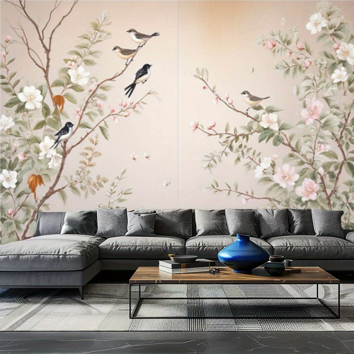 Modern Chinese Style Bird and Flower Wallpaper Mural - Large Semi-Matte Vinyl Decal with Elegant Floral Design & Birds, Easy to Apply & Remove, Perfect for Living Room Home Interior Decor, Room Decor
