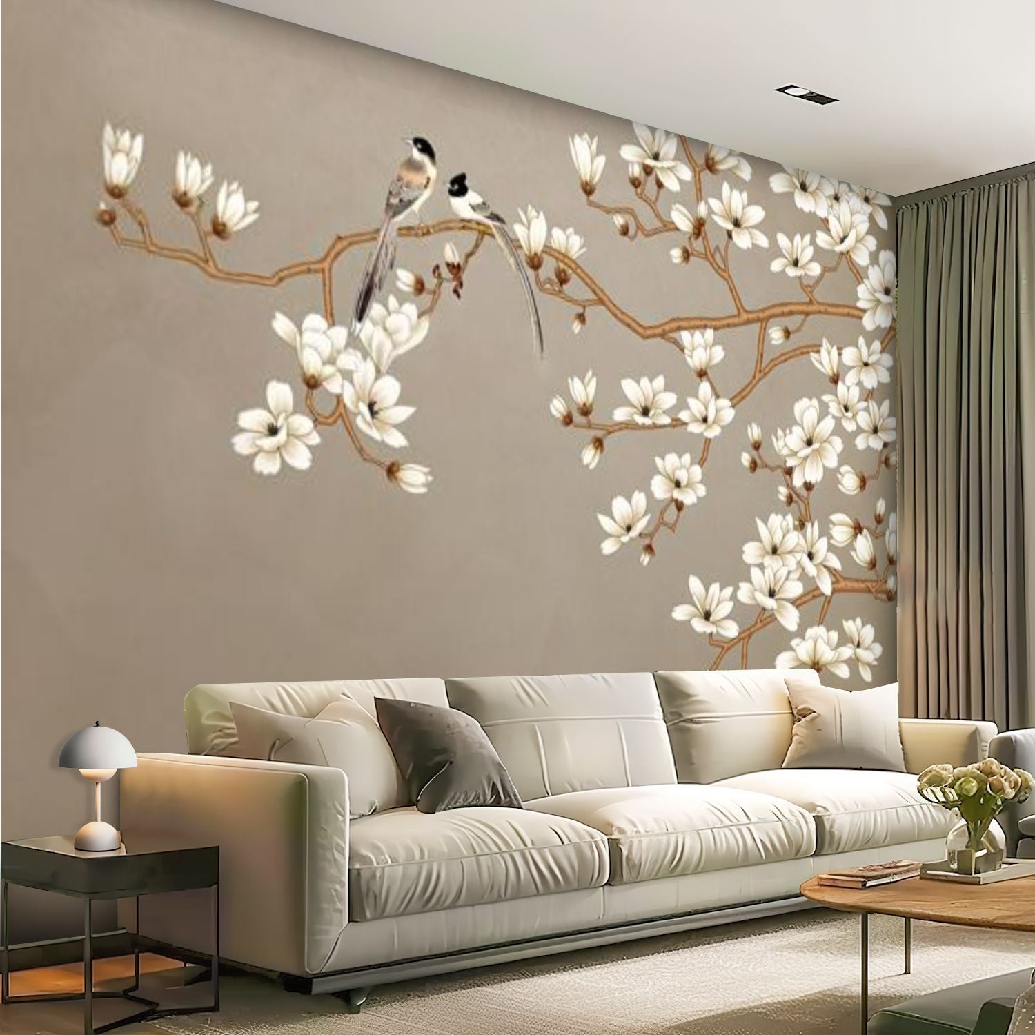 Peel and Stick Wall Mural Large Peel and Stick Magnolia Flower Bird Wall Mural - Self-Adhesive, Removable Vinyl Wallpaper for Living Room, Bedroom, Bathroom, Kitchen - 100\