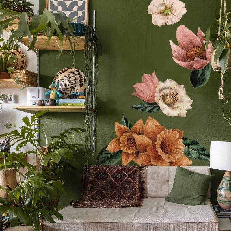 Fabric Peel and Stick Floral Wall Decal SelfAdhesive Flowers Wallpaper Wall Stickers for Living Room Bedroom Decor Vintage Garden3 PCs