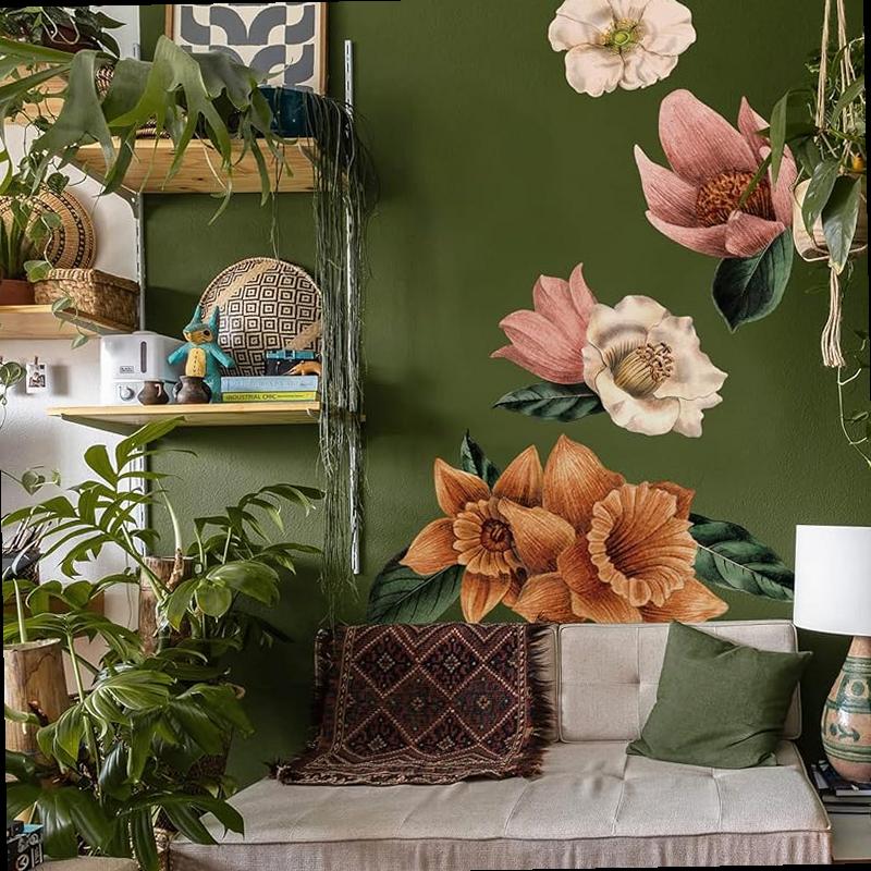 Fabric Peel and Stick Floral Wall Decal Self Adhesive Flowers Wallpaper Wall Stickers for Living Room Bedroom Decor Vintage Garden 3 PCs