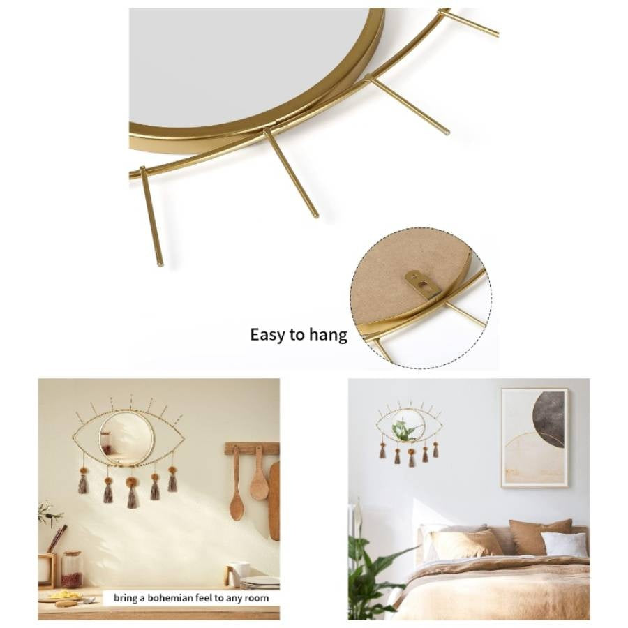 Wall Mirror Boho Gold Mirrors Decorative Metal Mirror with Tassels, Great Macrame Wall Art Bohemian Hanging Decor Bedroom Living Room Bathroom