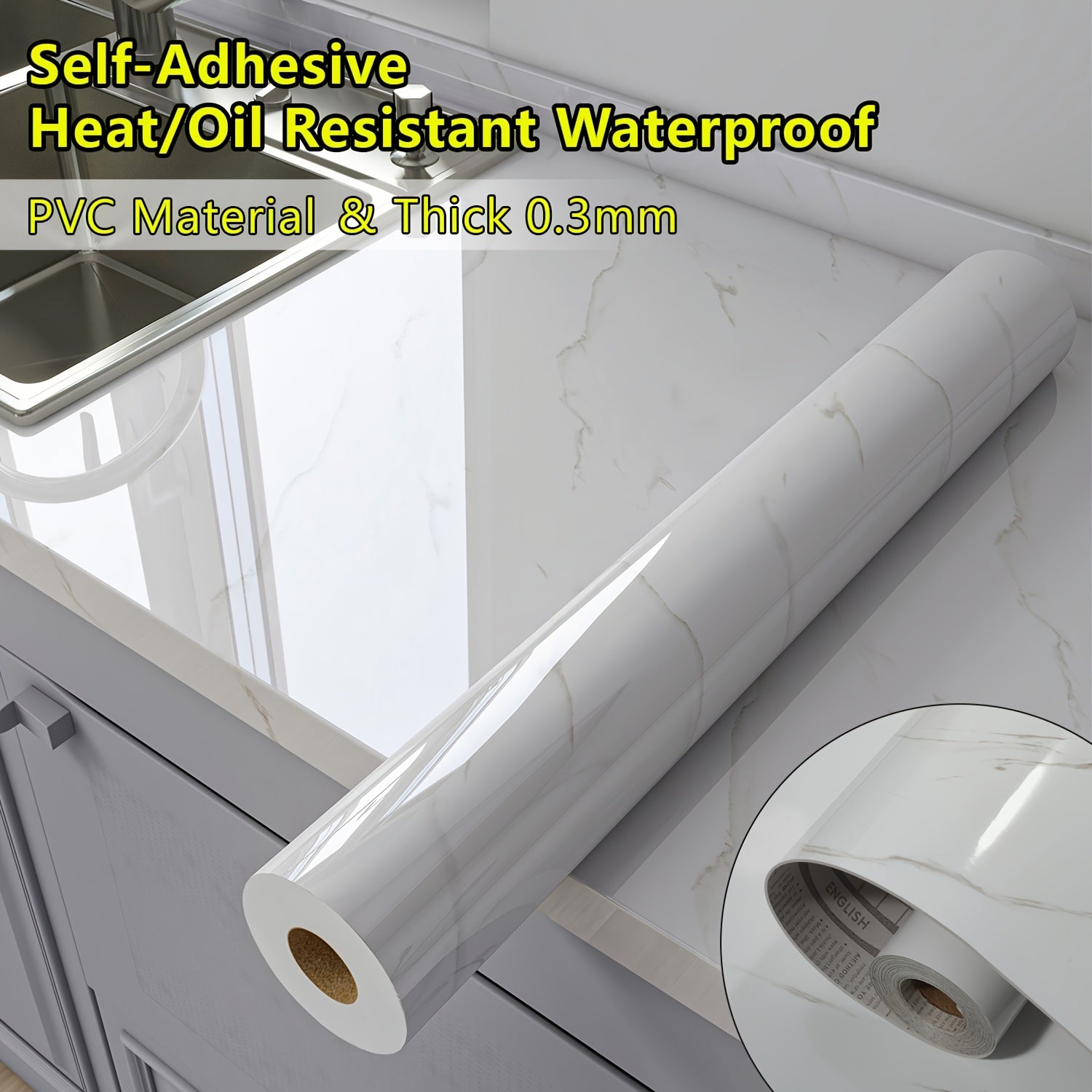 Thick 0.3mm Glossy Marble Wallpaper Wall Sticker - Self-Adhesive Heat\u002FOil Resistant Waterproof PVC Countertop Stickers, Peel And Stick Renovation Film For For Kitchen Backsplash, Countertops, Bathroom Walls, Furniture Upgrades-Set Includes Tool