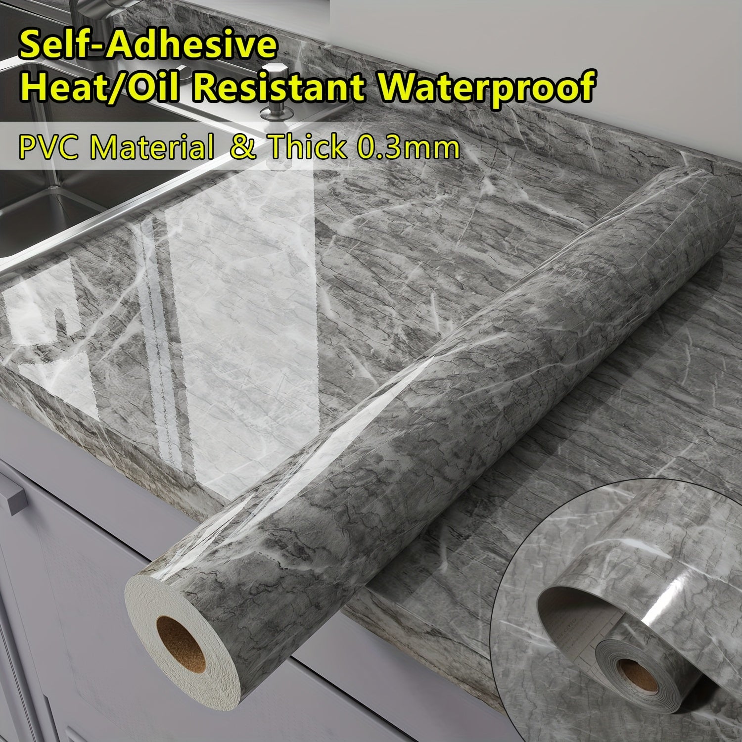 Thick 0.3mm Glossy Marble Wallpaper Wall Sticker - Self-Adhesive Heat\u002FOil Resistant Waterproof PVC Countertop Stickers, Peel And Stick Renovation Film For For Kitchen Backsplash, Countertops, Bathroom Walls, Furniture Upgrades-Set Includes Tool