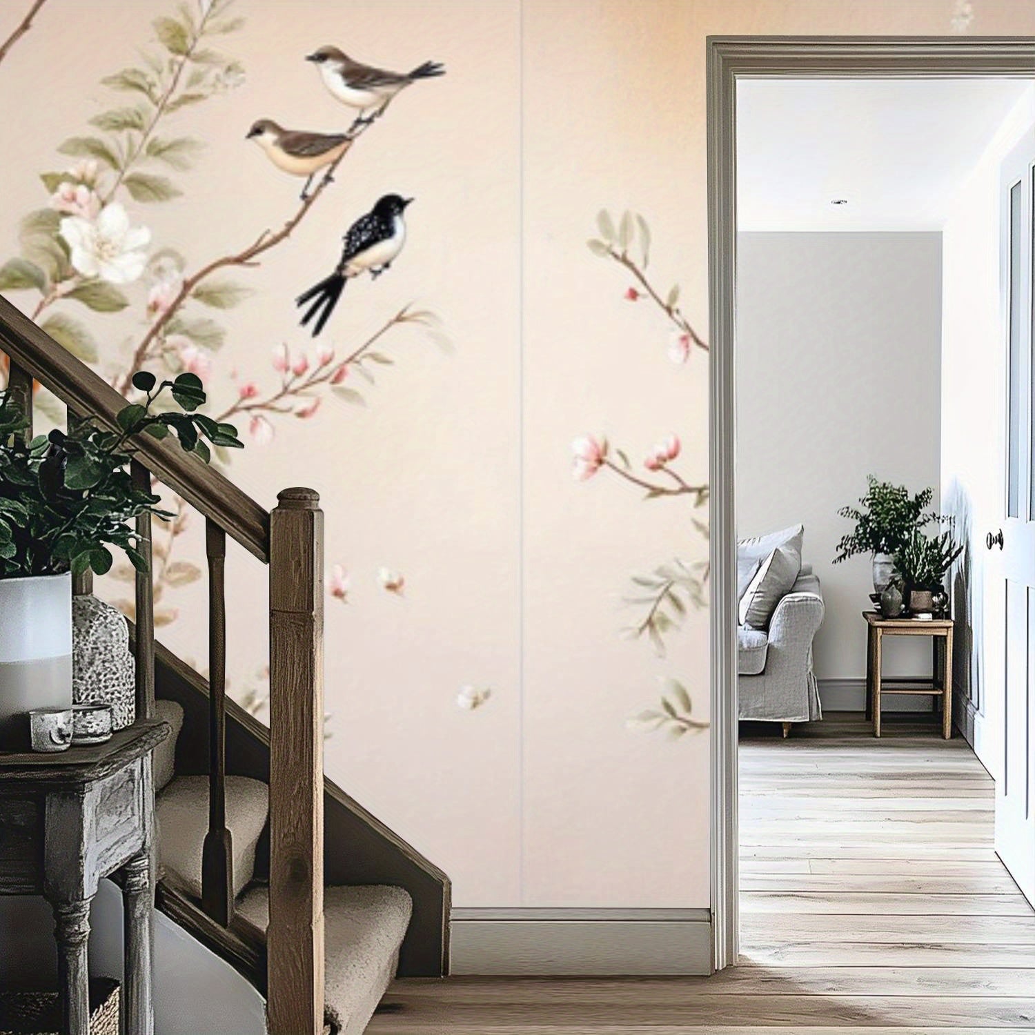 Modern Chinese Style Bird and Flower Wallpaper Mural - Large Semi-Matte Vinyl Decal with Elegant Floral Design & Birds, Easy to Apply & Remove, Perfect for Living Room Home Interior Decor, Room Decor