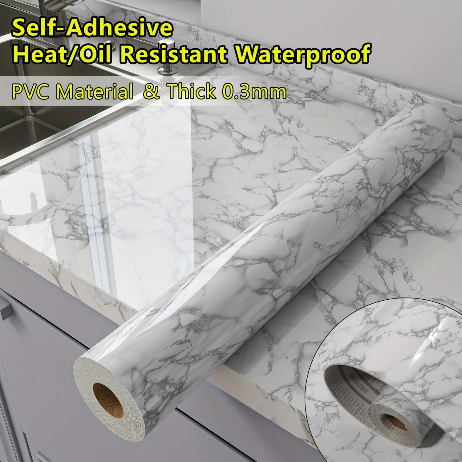 Thick 0.3mm Glossy Marble Wallpaper Wall Sticker - Self-Adhesive Heat\u002FOil Resistant Waterproof PVC Countertop Stickers, Peel And Stick Renovation Film For For Kitchen Backsplash, Countertops, Bathroom Walls, Furniture Upgrades-Set Includes Tool