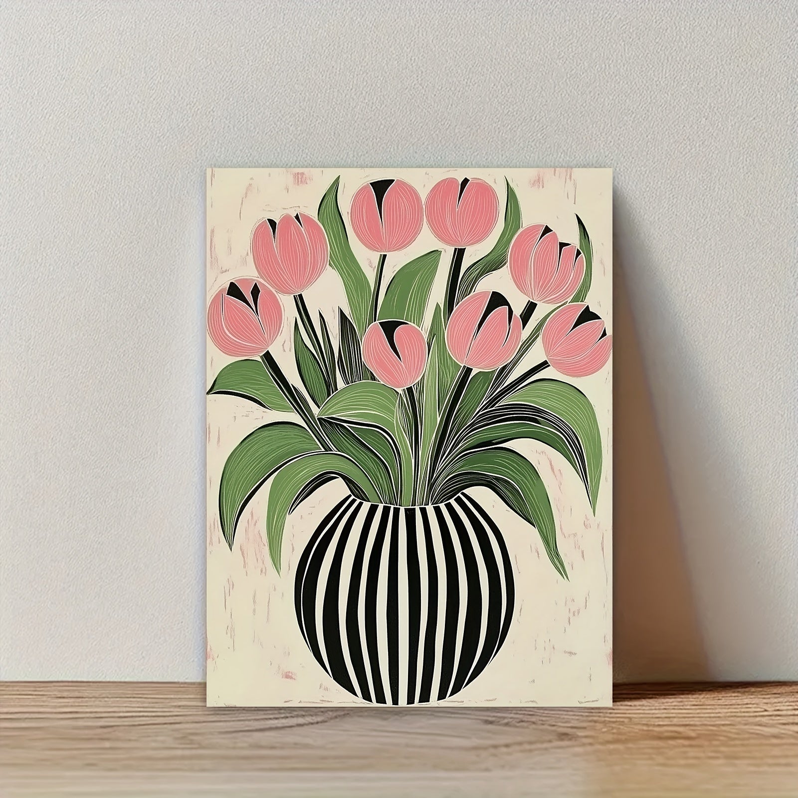 12x16 inches Inspirational Tulip Floral Canvas Print, Art Deco Style, Striped Vase Design, with Pine Wood Frame, for Home Office, Living Room, Bedroom Wall Art Decor-Wrapped Canvas