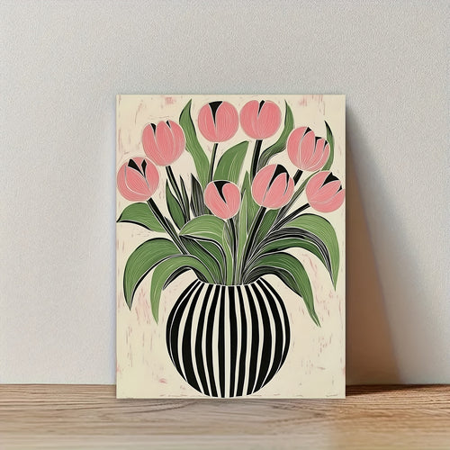 12x16 inches Inspirational Tulip Floral Canvas Print, Art Deco Style, Striped Vase Design, with Pine Wood Frame, for Home Office, Living Room, Bedroom Wall Art Decor-Wrapped Canvas
