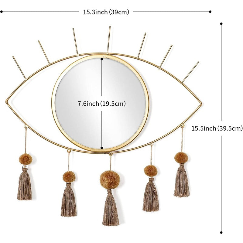 Wall Mirror Boho Gold Mirrors Decorative Metal Mirror with Tassels, Great Macrame Wall Art Bohemian Hanging Decor Bedroom Living Room Bathroom