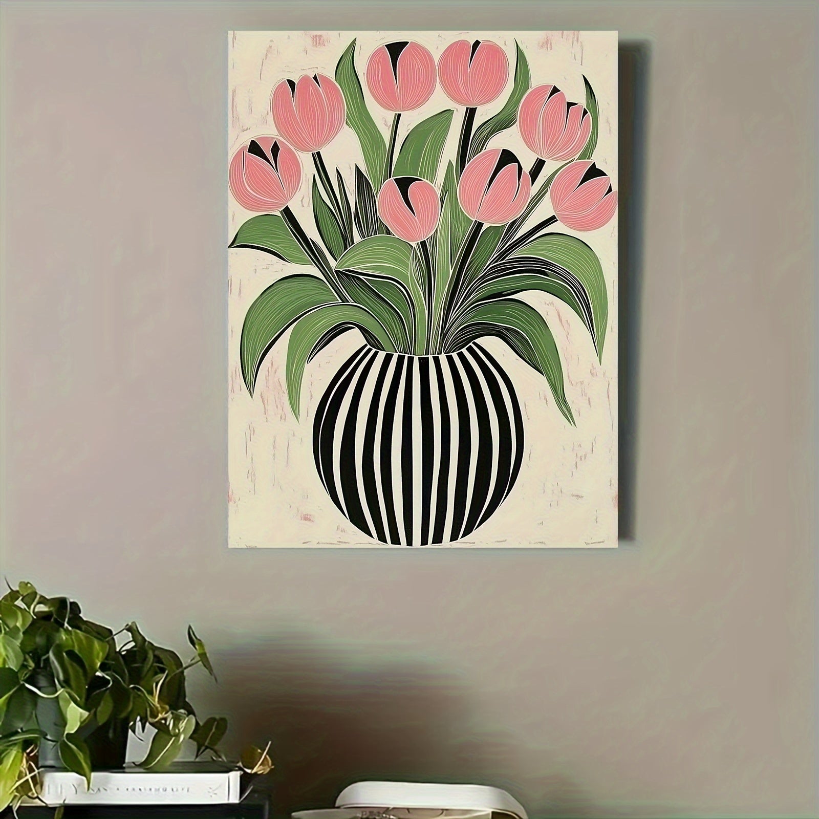12x16 inches Inspirational Tulip Floral Canvas Print, Art Deco Style, Striped Vase Design, with Pine Wood Frame, for Home Office, Living Room, Bedroom Wall Art Decor-Wrapped Canvas