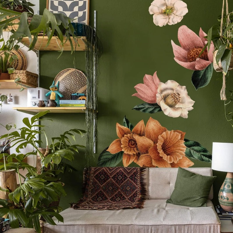 Fabric Peel and Stick Floral Wall Decal SelfAdhesive Flowers Wallpaper Wall Stickers for Living Room Bedroom Decor Vintage Garden3 PCs