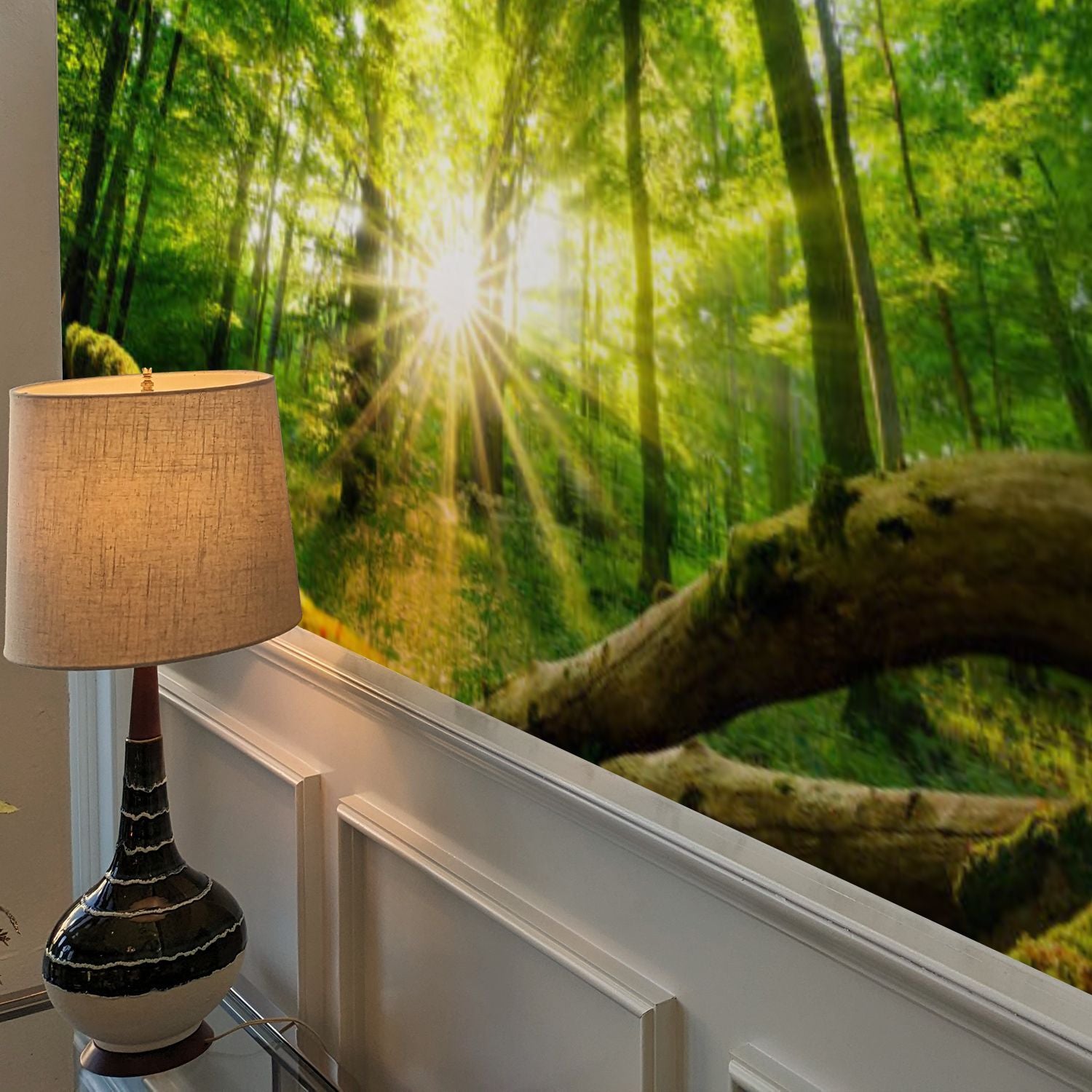 Peel and Stick Wall Mural Green forest enchanted by the sun Vinyl Self-Adhesive Wallpaper for Bedroom Living Room Office Removable Large Sticker Boho Waterproof Wall Decal Renter Friendly Wall Murals Accent Wall Decor TV Background Decor Paintings Art