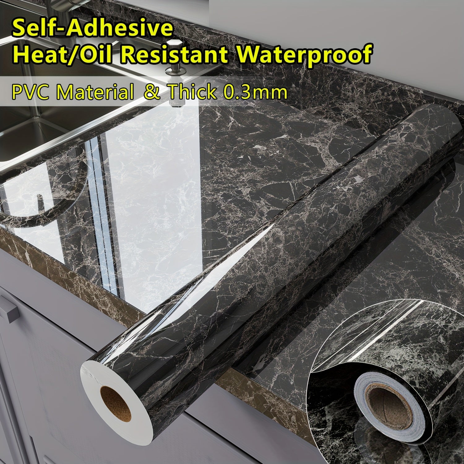 Thick 0.3mm Glossy Marble Wallpaper Wall Sticker - Self-Adhesive Heat\u002FOil Resistant Waterproof PVC Countertop Stickers, Peel And Stick Renovation Film For For Kitchen Backsplash, Countertops, Bathroom Walls, Furniture Upgrades-Set Includes Tool