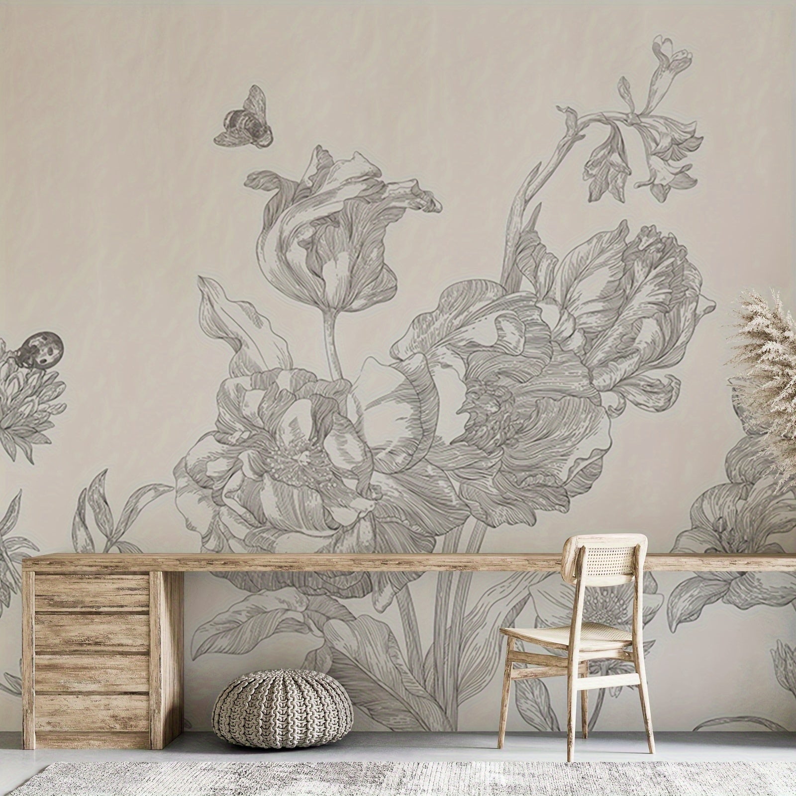 2D Wall Art One 375cm * 250cm Light Colored Floral Mural with Adhesive Peeling Wallpaper At The Bottom