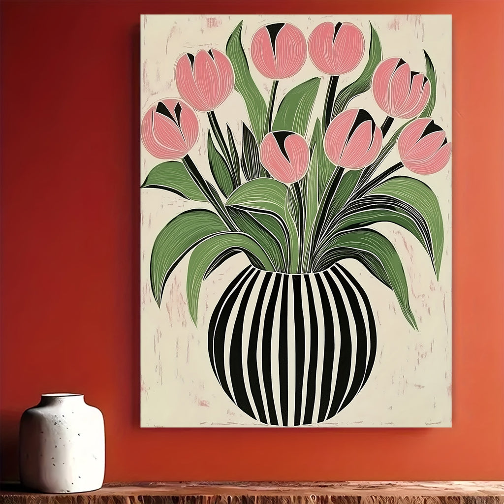 12x16 inches Inspirational Tulip Floral Canvas Print, Art Deco Style, Striped Vase Design, with Pine Wood Frame, for Home Office, Living Room, Bedroom Wall Art Decor-Wrapped Canvas