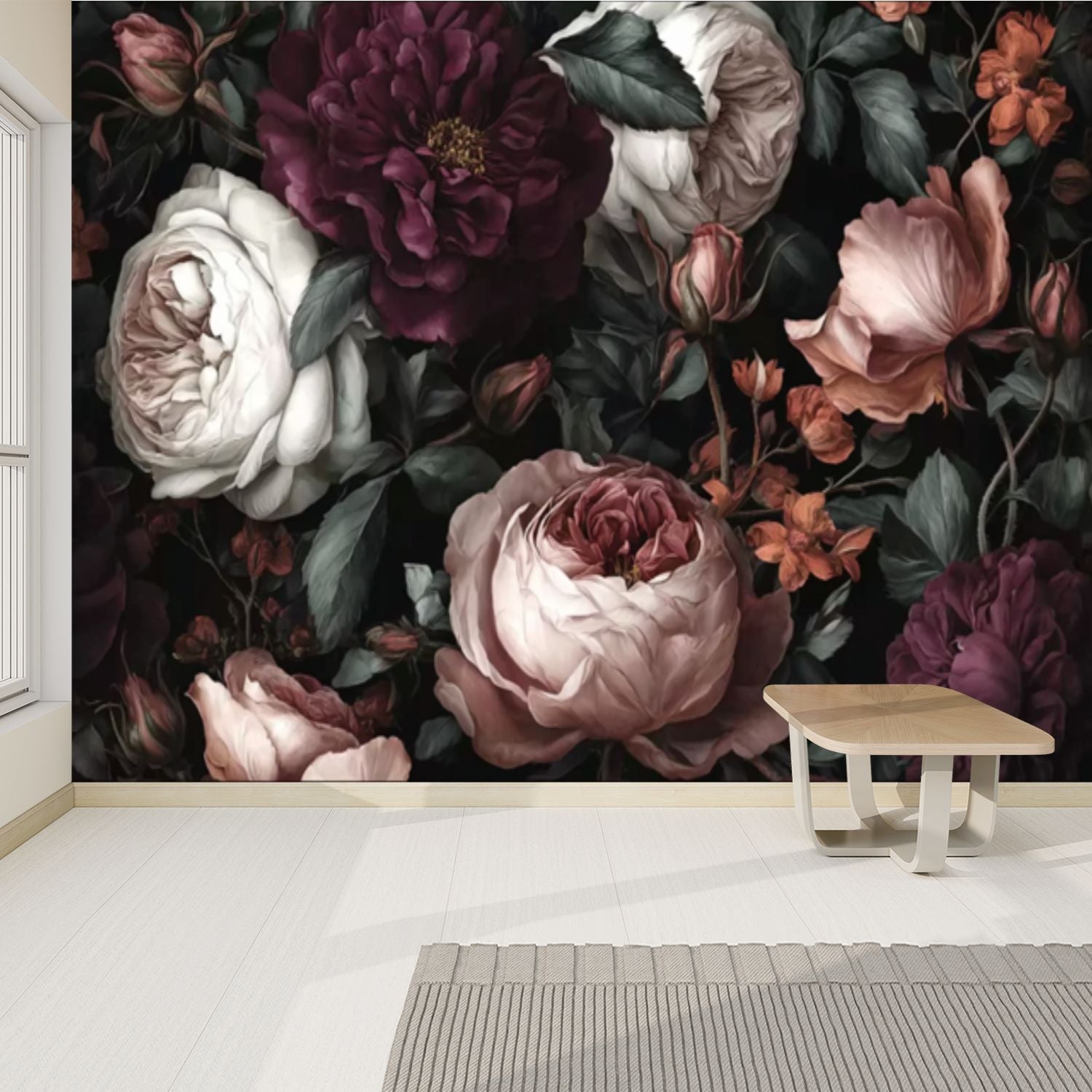 Self-Adhesive Wall Mural Featuring a Sophisticated Floral Design in Deep Burgundy, Soft Pink, And White, This Removable Wall Decal Is Perfect for Decorating Large Spaces Like Living Rooms, Bedrooms, Bathrooms, And Kitchens, Measuring 100\