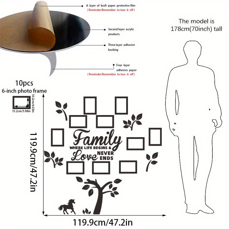 A Set of Acrylic Family Tree Wall Stickers with 10 Photo Frames for DIY Collage, Perfect for Christmas Decoration in Living Rooms And Bedrooms, Serving As Artistic Home Decor.
