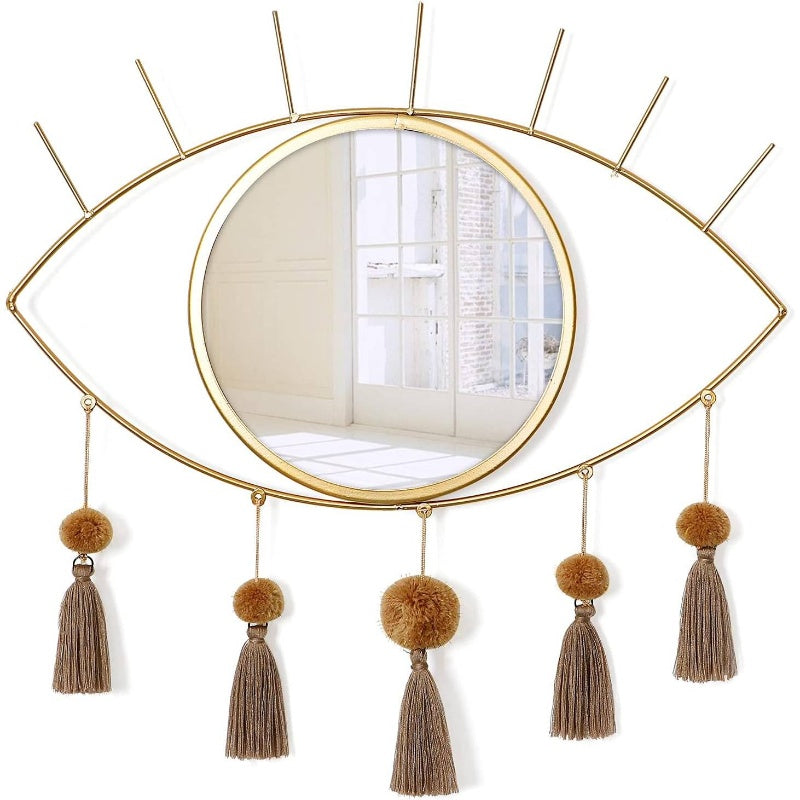Wall Mirror Boho Gold Mirrors Decorative Metal Mirror with Tassels, Great Macrame Wall Art Bohemian Hanging Decor Bedroom Living Room Bathroom