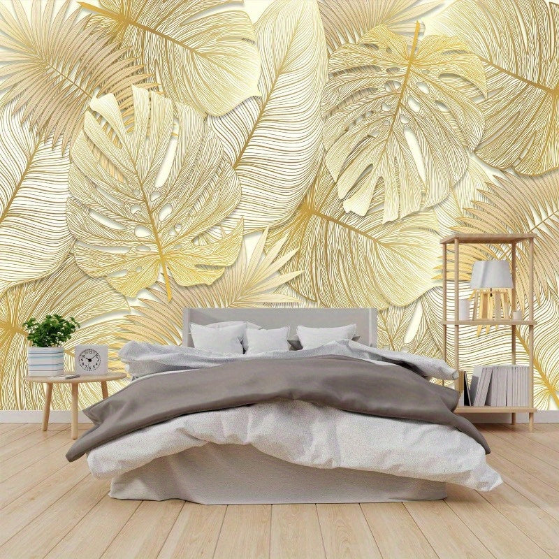 Visul 3D Golden line Texture Lef Wllpper Plnt Lndscpe Bedroom Decortive MurlNonselfdhesive Wll Stickers