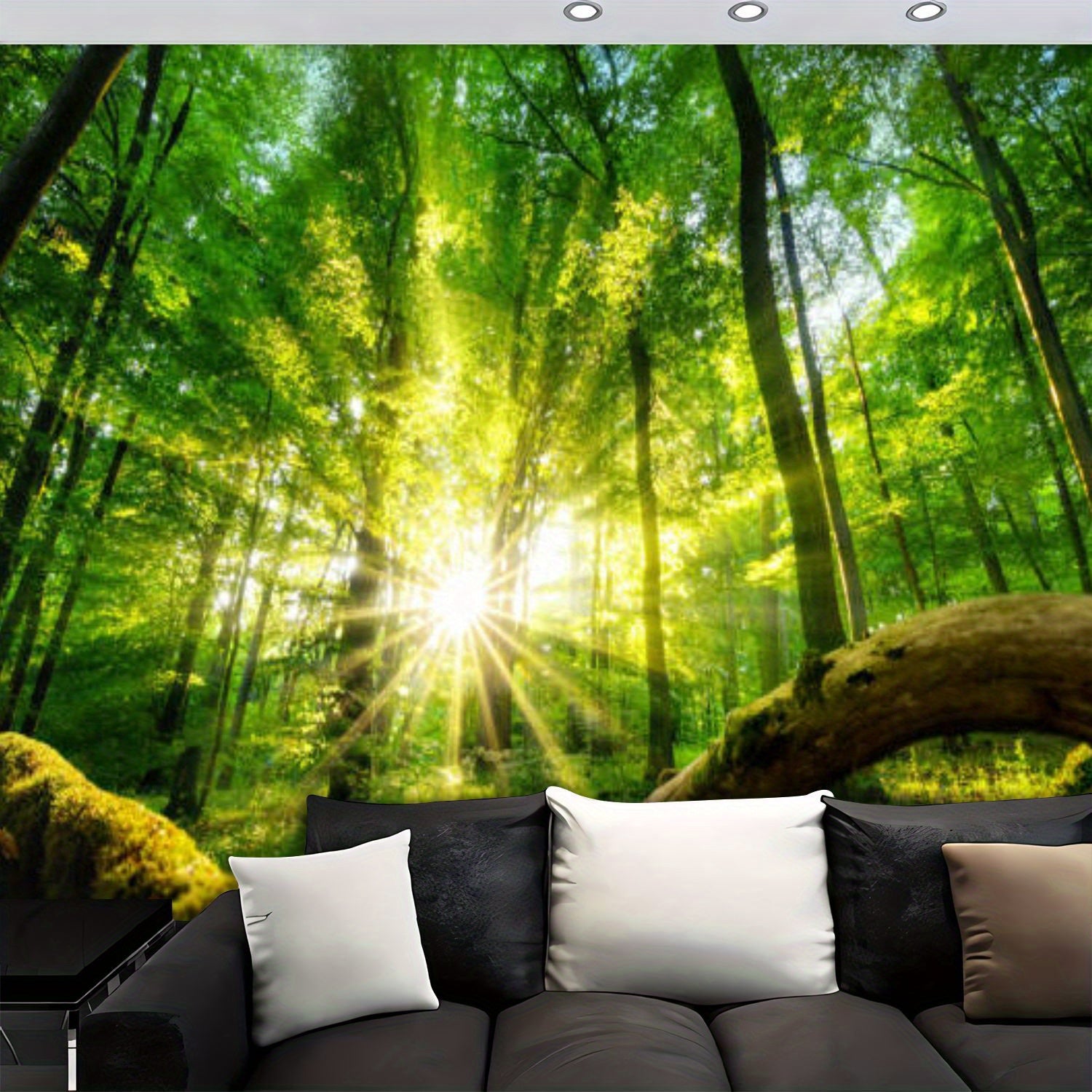 Peel and Stick Wall Mural Green forest enchanted by the sun Vinyl Self-Adhesive Wallpaper for Bedroom Living Room Office Removable Large Sticker Boho Waterproof Wall Decal Renter Friendly Wall Murals Accent Wall Decor TV Background Decor Paintings Art