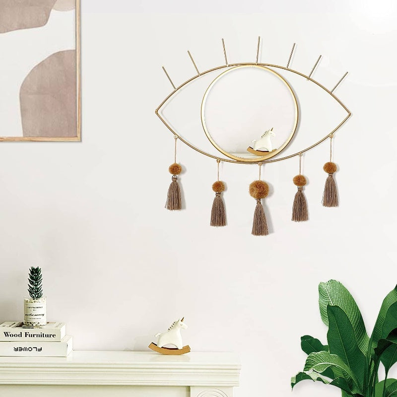 Wall Mirror Boho Gold Mirrors Decorative Metal Mirror with Tassels, Great Macrame Wall Art Bohemian Hanging Decor Bedroom Living Room Bathroom