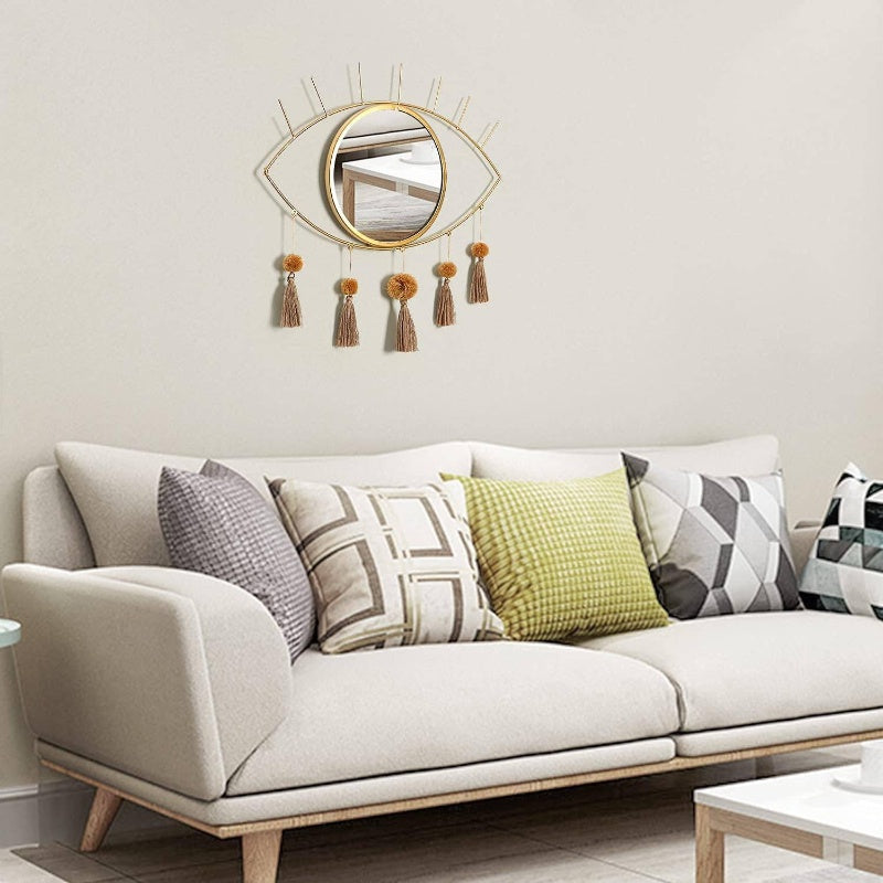 Wall Mirror Boho Gold Mirrors Decorative Metal Mirror with Tassels, Great Macrame Wall Art Bohemian Hanging Decor Bedroom Living Room Bathroom