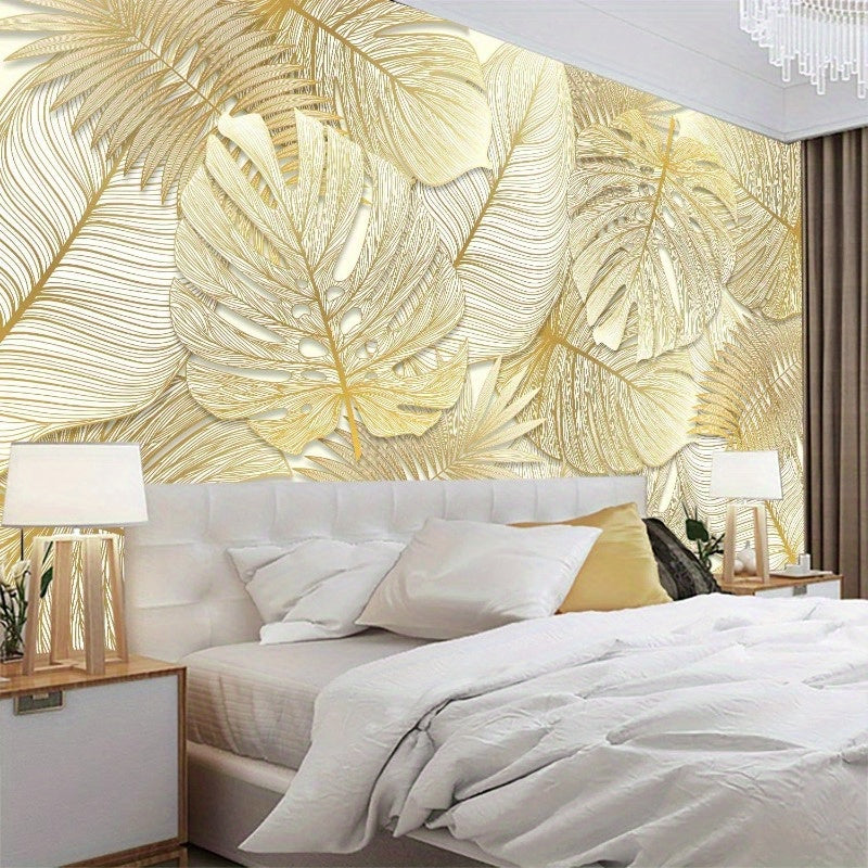 Visul 3D Golden line Texture Lef Wllpper Plnt Lndscpe Bedroom Decortive MurlNonselfdhesive Wll Stickers