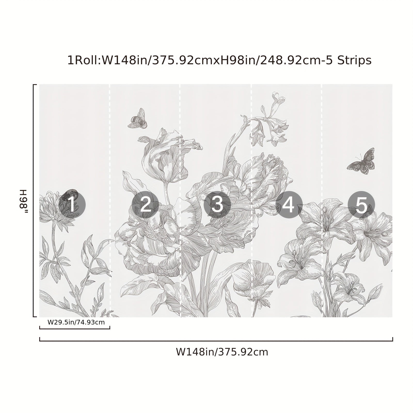 2D Wall Art One 375cm * 250cm Light Colored Floral Mural with Adhesive Peeling Wallpaper At The Bottom