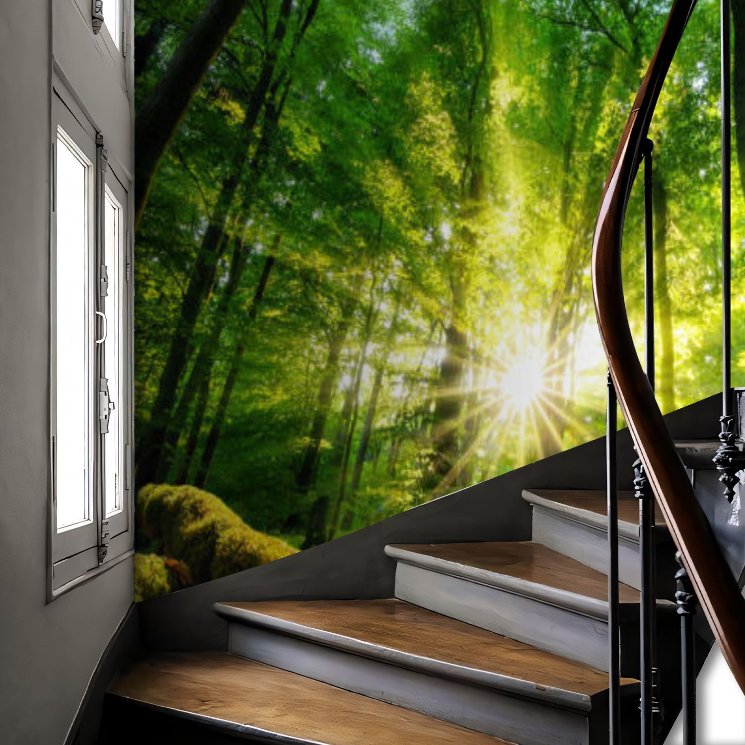 Peel and Stick Wall Mural Green forest enchanted by the sun Vinyl Self-Adhesive Wallpaper for Bedroom Living Room Office Removable Large Sticker Boho Waterproof Wall Decal Renter Friendly Wall Murals Accent Wall Decor TV Background Decor Paintings Art