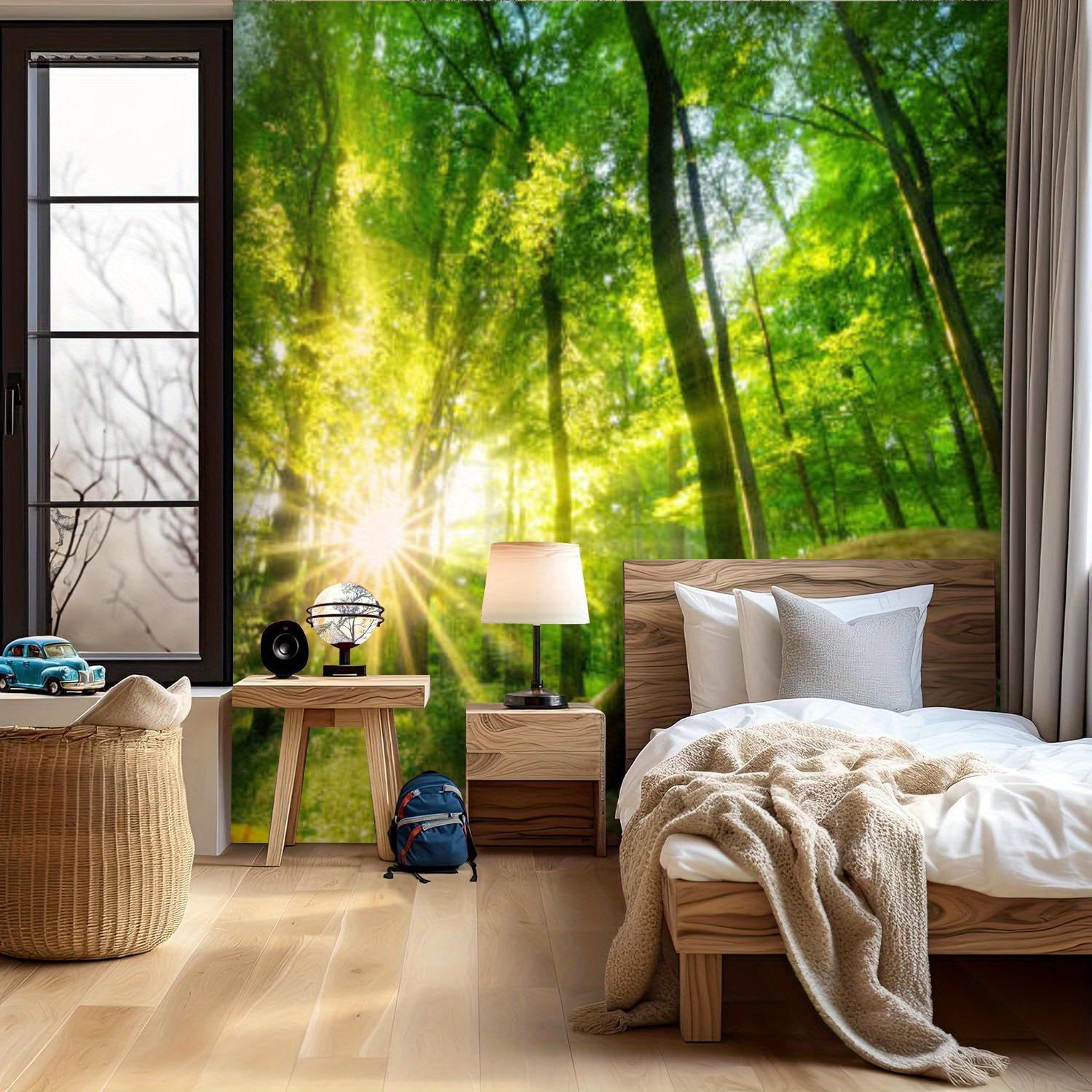Peel and Stick Wall Mural Green forest enchanted by the sun Vinyl Self-Adhesive Wallpaper for Bedroom Living Room Office Removable Large Sticker Boho Waterproof Wall Decal Renter Friendly Wall Murals Accent Wall Decor TV Background Decor Paintings Art